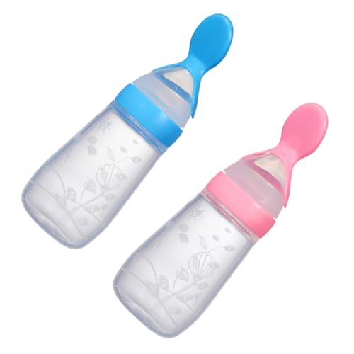 BESPORTBLE 2 piezas Botellas de Alimentación para Bebés con Cucharas Ergonómicas de para Cereales de Arroz Suaves Exprimibles y para Dentición Colores Rosa y Azul