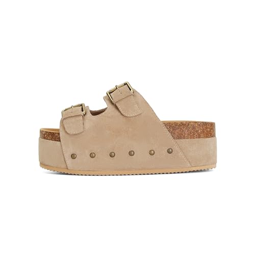 Womens Genuine Leather Cork Platform Sandals Adjustable Buckle Straps Band Suede Clogs Platform Slip on Flatform Sandals