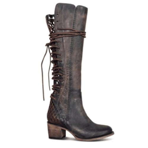 PIKETU Bottes en cuir pour femmes à fermeture éclair latérale, bottes médiévales à mi-mollet, bottes à lacets rétro de style européen et américain, chaussures à lacets jusqu'au genou,Taupe,41