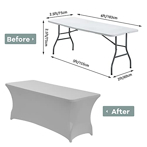 Image of CWK 6FT Waterproof Stretch Spandex Table Cover for Rectangular Tables - Elastic Fitted Tablecloth for Folding Tables,Wrinkle Resistant Table Cloth for Parties, Weddings, Banquets & Events (Silver)
