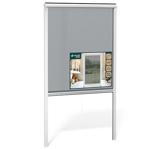 VOUNOT® Store Moustiquaire Fenêtre Enroulable en PVC Recoupable avec Maille en Fibre de Verre Store Moustiquaire Installation Facile L100 x H160 cm Blanc