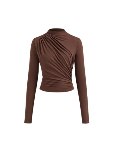 CIDER Mock Neck Tops for Women Trendy Ruched Long Sleeve Shirts Solid Basic Tee Slim Fit Fall Tops