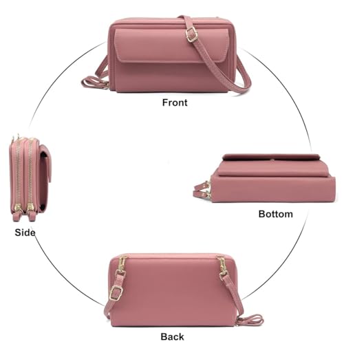Image of Women Leather Wallet Crossbody Shoulder Bag with Double Zipper and Mobile Phone Purse with Shoulder Strap