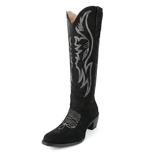 Image of GORBINETI Women Cowboy Boots Mid Calf Cowgirl Western Boots Embroidered Suede Pull On Almond Toe Chunky Heel