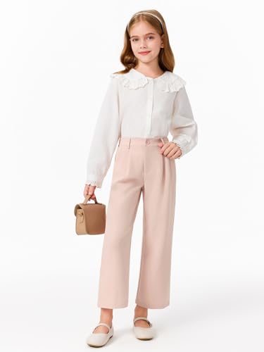 Image of Haloumoning Girls Uniform Pants Kids High Waisted Wide Leg Dress Pants Casual Trousers with Pockets 5-14 Years