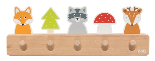 goki 60662 - Garderobe Waldfreunde aus Holz, Kindergarderobe mit 5 Haken, Niedliche Waldmotive Fuchs, Waschbär, REH, Hakenleiste für Kinderzimmer, Fördert Ordnung und Selbstständigkeit, ab 1 Jahr