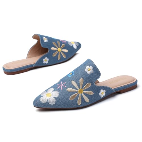 Image of Tilocow Women's Pointed Toe Flat Mules Backless Slip On Loafers