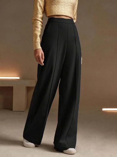 Image of KOTTY Women's High Waist Flared Wide Leg Trousers - Stylish Cotton Linen Palazzo Pants for Office Wear, Casual, and Straight fit
