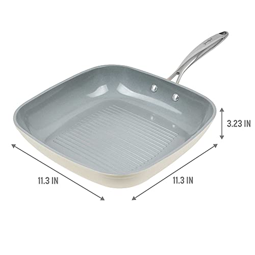 Goodful Ceramic Nonstick 11 Inch Grill Pan, Dishwasher Safe Pots And Pans, Comfort Grip Stainless Steel Handle, Made Without Pfoa, Griddle, Cream #TOP2