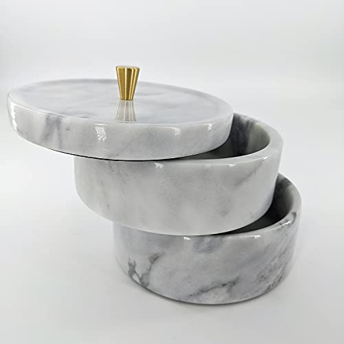 Bustledust 100% Natural Marble Jewelry Box Organizer Two-Tier Storage Container With Removable Lid For Ring Necklace Bracelet Earrings, Rings And Accessories ， Marble/Copper (Venato Gray White, 5.5In) #TOP4