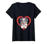 donna heart australian shepherd glasses aussie dog maglietta con collo a v
