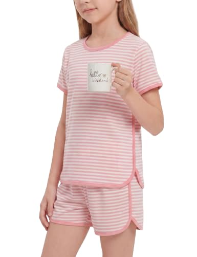 Yoofoss Girls Pajamas Organic Cotton Loose Fit Kids Pjs 2 Piece Sleepwear Short Sleeves & Short Pants Girls Clothes Size 10