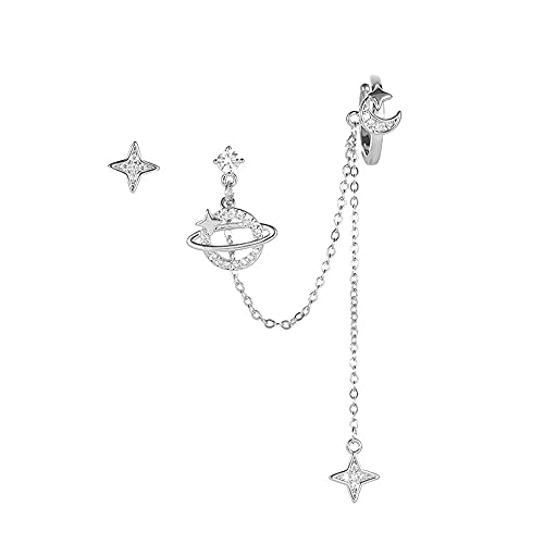 IMINI Boucles d'oreilles à clip Planet CZ lune et étoile en argent sterling 925 avec fermoir tige asymétrique pour femme, adolescente, fille, cadeau hypoallergénique, sterling, Oxyde de Zirconium