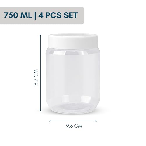 Image of SCL Steelo Vistta Round Containers with White Screw Lid | BPA-Free Premium Plastic Kitchen Storage Jars | Durable, Airtight & Stackable | Ideal for Grains, Snacks, Pulses & More | 750ML, 4pcs Set