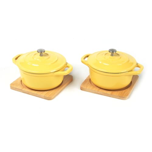 Enameled Cast Iron Mini Round Cocotte Set, 0.5QT Mini Dutch Ovens with Lids and Bamboo Trays, Dia.4.8 inch, Set of 2, Yellow