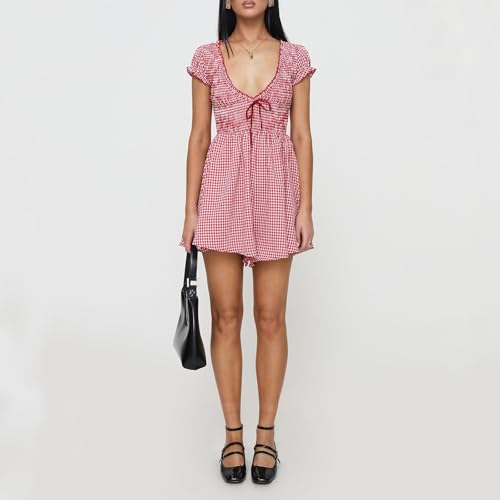 Image of Women Cute Babydoll Dress Romper Plaid V Neck Smocked Flowy Mini Romper Dress Gingham Ruffle Cap Sleeve Short Sundress