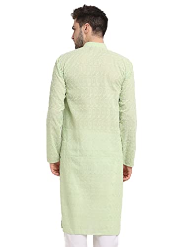 Image of Jompers Men Green Ethnic Embroidered Pure Cotton Kurtas.