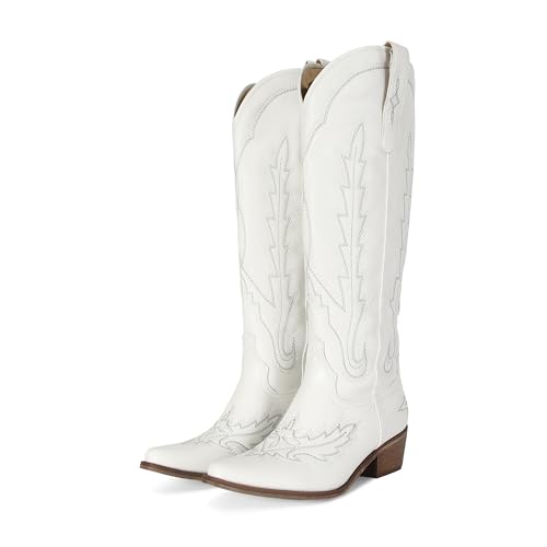 Image of STALOV Cowboy Boots for Women Pull On Chunky Heel Boots Knee High Cowgirl Boots Western Pointed Toe Boots Embroidered Suede Boots