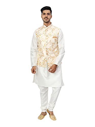 Image of Uri and MacKenzie Men's Silk Blend Regular Kurta Churidar Pyjama with Bundi Nehru Jacket /Waistcoat