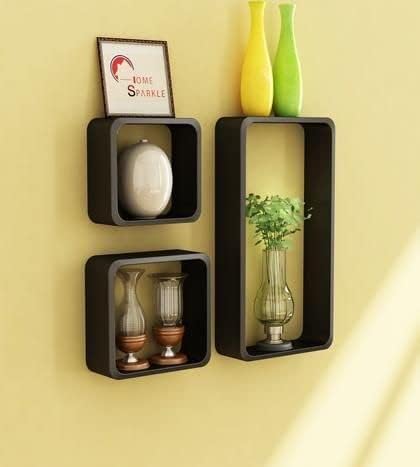 Wooden World Cube Floating, Wall Shelf, for Living Room,Drawing Room. (Set of 3) (Brown) (Black)