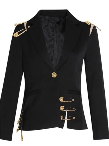 Women's Loose Black Hollow Pin Patchwork Jacket Blazer Lapel Long Sleeve Jacket