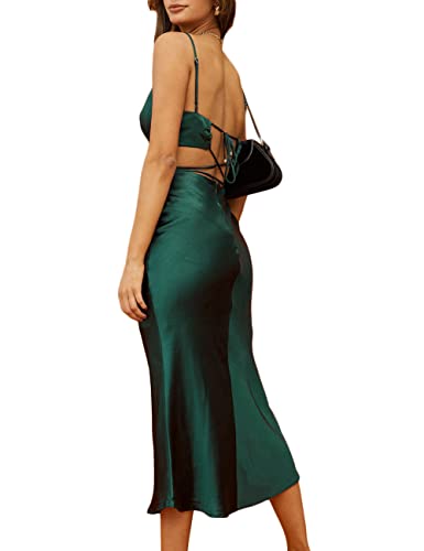 Women's Fall Satin Backless Maxi Dress Silk Cut Out V Neck Slip Tie Back Formal Cocktail Midi Dresses for Wedding Guest