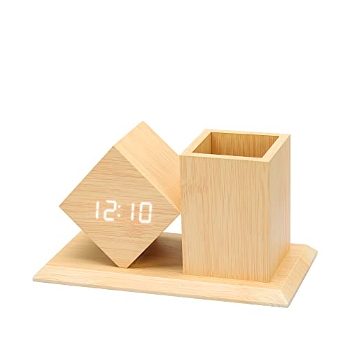 Wecker Digital aus Holz, Wecker mit Stifthalter Schreibwaren zur Aufbewahrung, Speicherfunktion/Snooze/Datum/Temperatur, Schlummermodus, für Schlafzimmer/Wohnzimmer/Kinderzimmer Cover