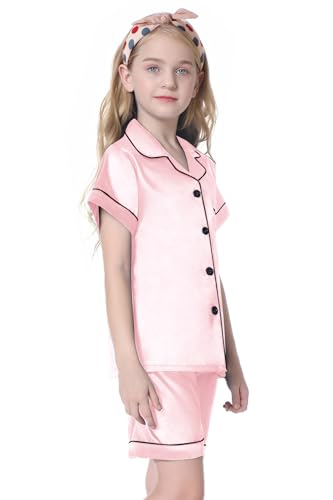 Image of Umeyda Women & Girls Pajamas Set, Soft Satin Lightweight Silk Button-Down Top with Shorts 2 Piece PJS for Mom Boys Kids Gifts