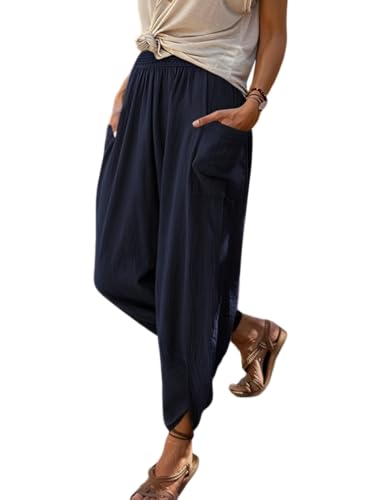 ZOCAVIA Women's Cotton Linen Capri Pants Summer Lightweight Elastic Waist Palazzo Harem Pants Baggy Trousers with Pockets