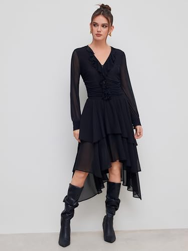 CIDER Skirt Maxi Skirts for Women Solid Ruffle Asymmetrical Hem Mid Waist Maxi Skirt Lined Woven Skirt4