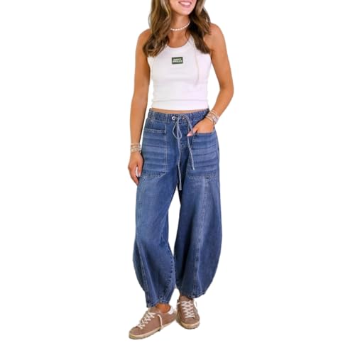 Baifan Women's Baggy Jeans Mid-Waist Drawstring Elastic Waistband Denim Pants