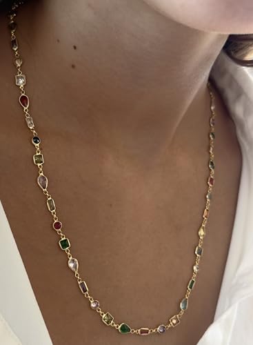 Multicolor Necklace Women - 14K Gold Plated Chain Colorful Gemstone Crystal Diamond, Dainty Rainbow Gem Stone Necklaces, Jewelry Gifts for Her3