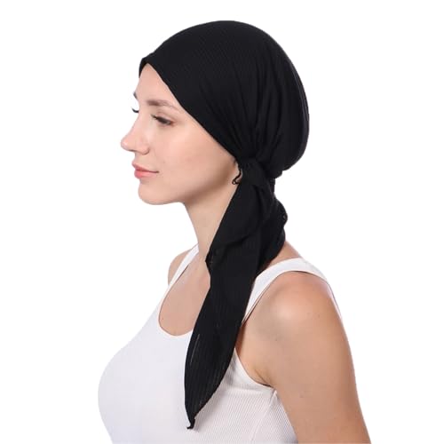 XIAOBLESS Pañuelo preatado para la cabeza de quimioterapia para mujer, bandana sin cordones, turbante para el cáncer, para dormir, para cubrir el cabello, Negro sólido #5, 1