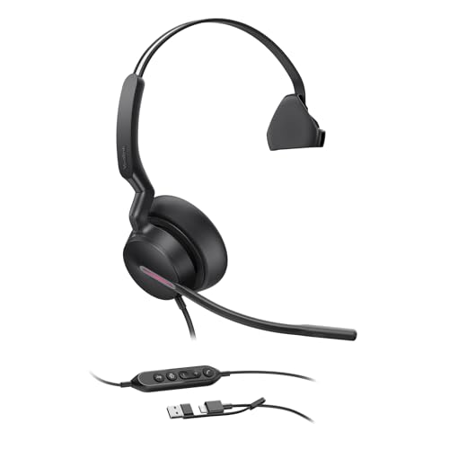 Image of Yealink UH46 Mono USB Wired Headset with 3 Noise Cancelling Microphones for PC /Computer /Laptop, Teams Certified,Mute Call Button for Home Office Online Meetings, Plug & Play USB-C /A