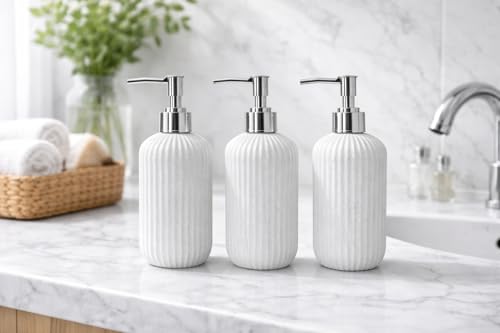 Image of LAGET 300ml Soap Dispenser for Wash Basin - Plane Ribbed Design | Kitchen and Bathroom Accessories Items | Refillable Handwash Dispenser Bottle- Set of 3 (White)