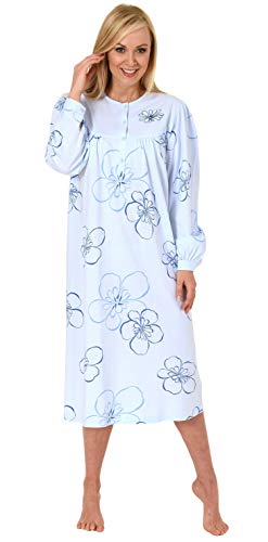 NORMANN-Wäschefabrik Elegante camisón para mujer, 105 cm de largo, tira de botones en el cuello - 202 314, azul claro, Large