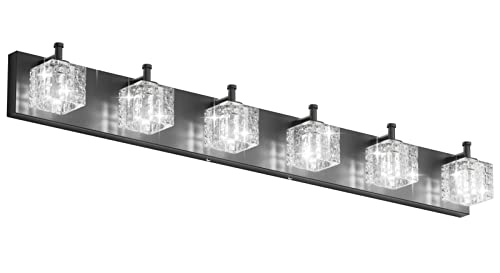 Ralbay Matte Black 6 Lights Bathroom Light Fixtures LED Modern Crystal Vanity Light for Bathroom Ralbay Matte Black 6 Lights Bathroom Light Fixtures LED Modern Crystal Vanity Light for Bathroom