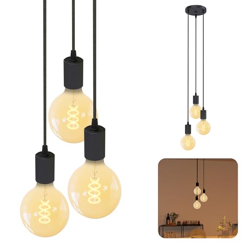 SSC-LUXon PARU Hängeleuchte 3-flammig Retro - Industrial Style Pendellampe mit Textilkabel inkl. Globe XL E27 Filament LED Lampen