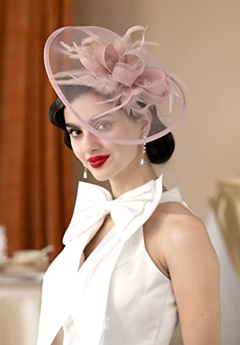 Zivyes Pink Kentucky Derby Hats for Women Feather Fascinator with Loops for Tea Party Large Hatinator Headband Wedding Hat