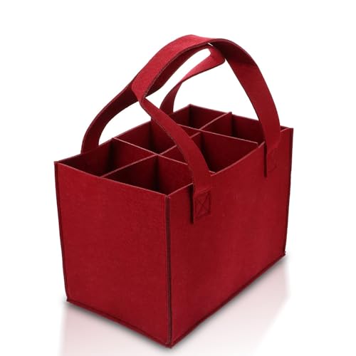 6 Bottle Wine Carrier with Divider Felt Wine Storage Tote Bag, Portable Reusable Wine Travel Bag with Handle for Christmas Travel Camping Picnic Party (Red)