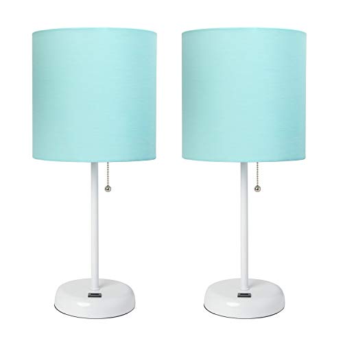 Limelights Lc2002-Aow-2Pk White Stick Lamp With Usb Charging Port And Aqua Fabric Shade 2 Pack Table Desk Lamp Set #TOP12
