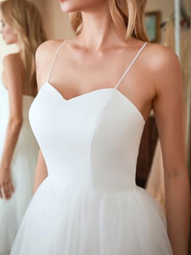 Image of Simple Tulle Short Wedding Dresses for Bride Elegant Spaghetti Straps Tea Length Bridal Shower Dress for Women