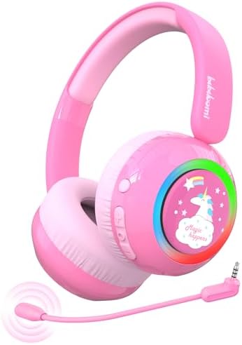 Bluetooth Kids Headphones, Girls Wireless Headphones with LED Light, 75/85/94dB Volume Limit, Micphone, Unicorn Card, Pink Foldable Toddler Teens Headset for Travel/iPad/Plane