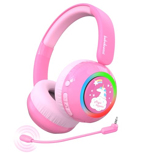 JBUNION Bluetooth Kids Headphones, Girls Wireless Headphones with LED Light, 75/85/94dB Volume Limit, Micphone, Unicorn Card, Pink Foldable Toddler Teens Headset for Travel/iPad/Plane