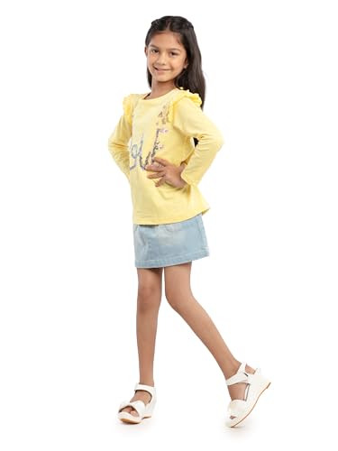 Image of Under Fourteen Girls Pull On Denim Skirt with Satin Lining Lycra Fabric Embroidery Flannel Checks Cotton Pullon Skirt Casual Wear Comfortable Stylish Kids Denim Skirt for Daily