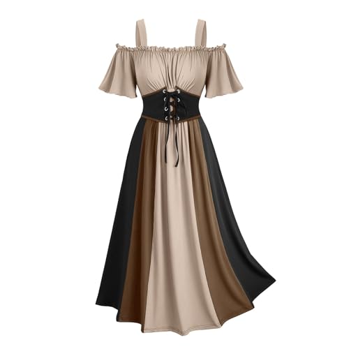 Halloween Kostüm Damen Mesh Partykleid Off Shoulder Trägerkleid Mittelalter Retro Abendkleid Gothic Cocktailkleid Renaissance Ballkleid Kurzarm Schnürung Maxikleid Hohe Taille Viktorianisches Kleid
