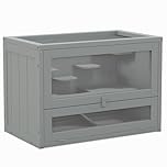 PawHut Wooden Hamster Cage, Gerbil Cage with Platforms, Ramp, Mouse Mice Rodent Small Animals Hutch, Exercise Play House, 60 x 35 x 42cm, Grey