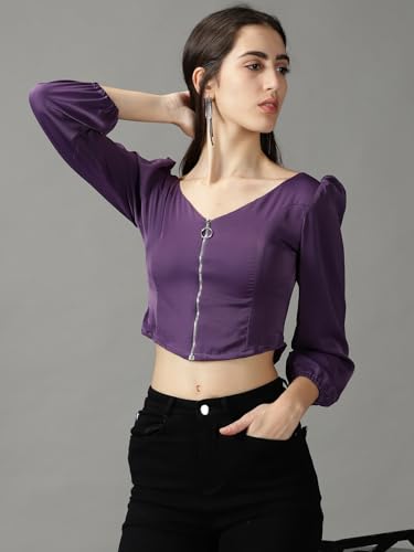 Image of SHOWOFFFF Women Solid Casual Top | V Neck Full Sleeves Crepe Top's for Womens | Regular Fit Regular Length Tops for Women's