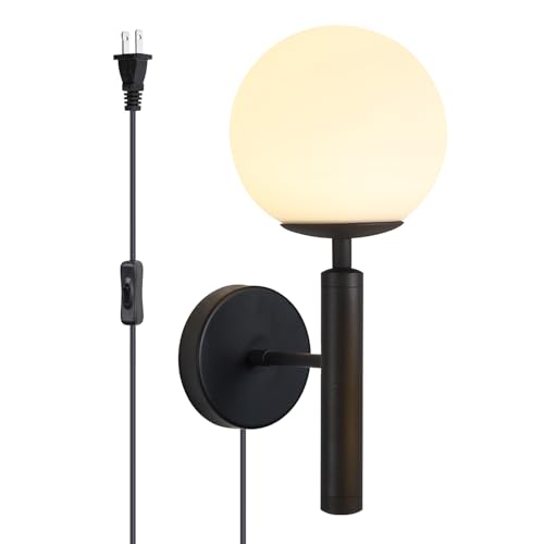 Image of KCO Lighting Plug in Wall Sconce Light Black Vintage Industrial Wall Light White Glass Shade Bedside Wall Lamp for Bedroom Stairs Hallway(Black Plug in)