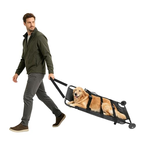 Trasportino pieghevole per cani con ruote, portata 120 kg, aiuto per la mobilità per cani di grandi dimensioni, carrello per il trasporto di emergenze, cinghie di sicurezza e rete, per cani di taglia